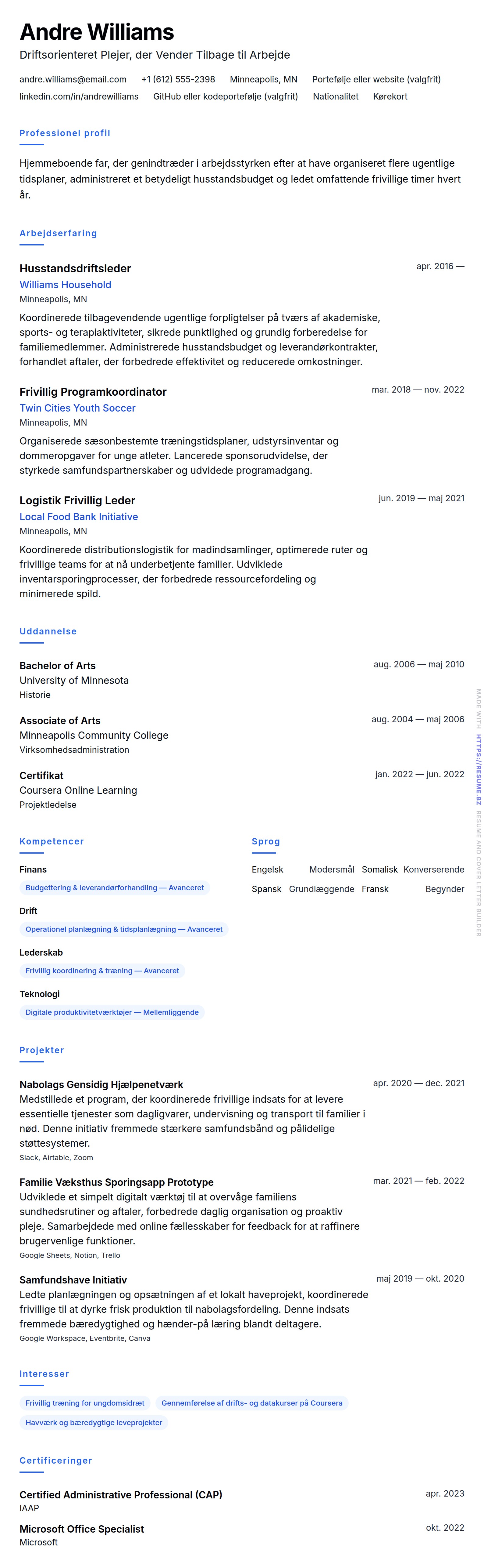 CV-forhåndsvisning for Hjemmeboende Far CV-Eksempel