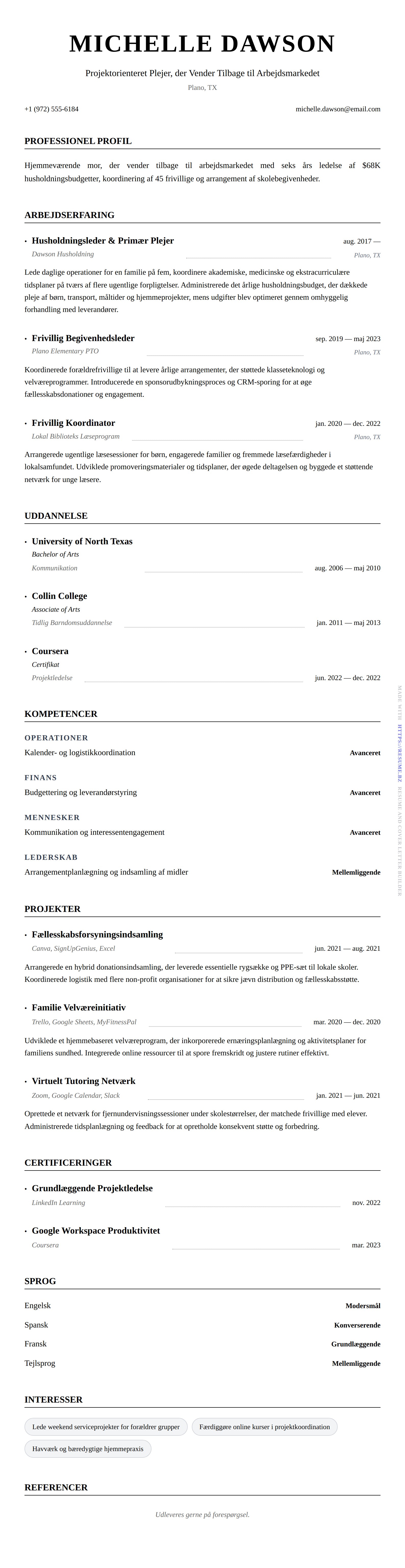 CV-forhåndsvisning for Eksempel på CV for Hjemmeværende Mor