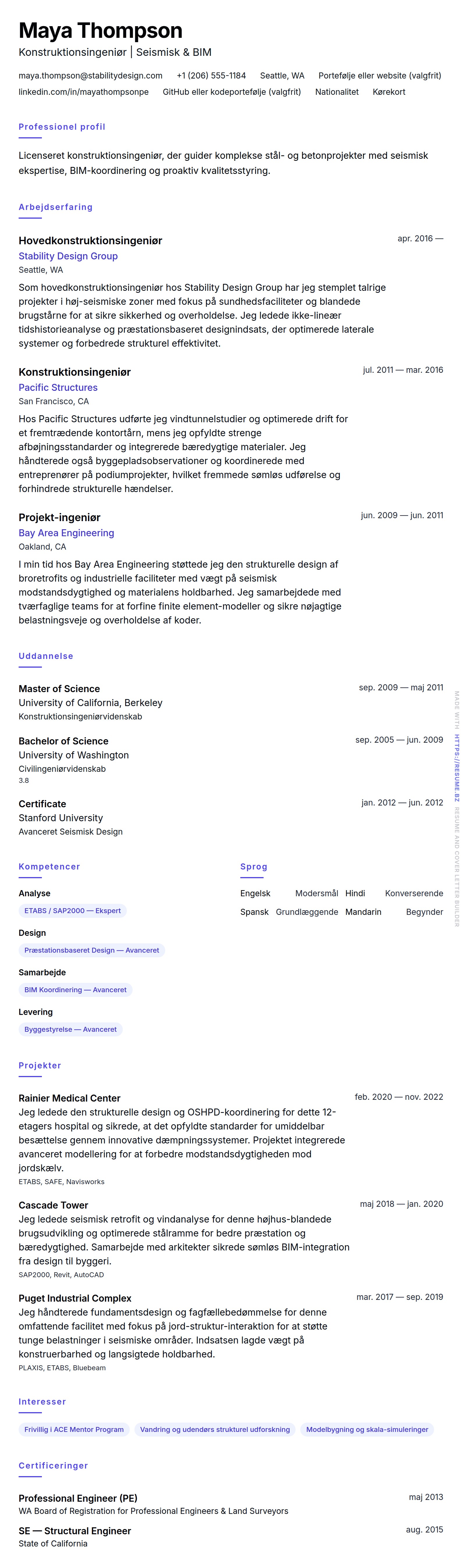 CV-forhåndsvisning for Eksempel på CV for konstruktionsingeniør