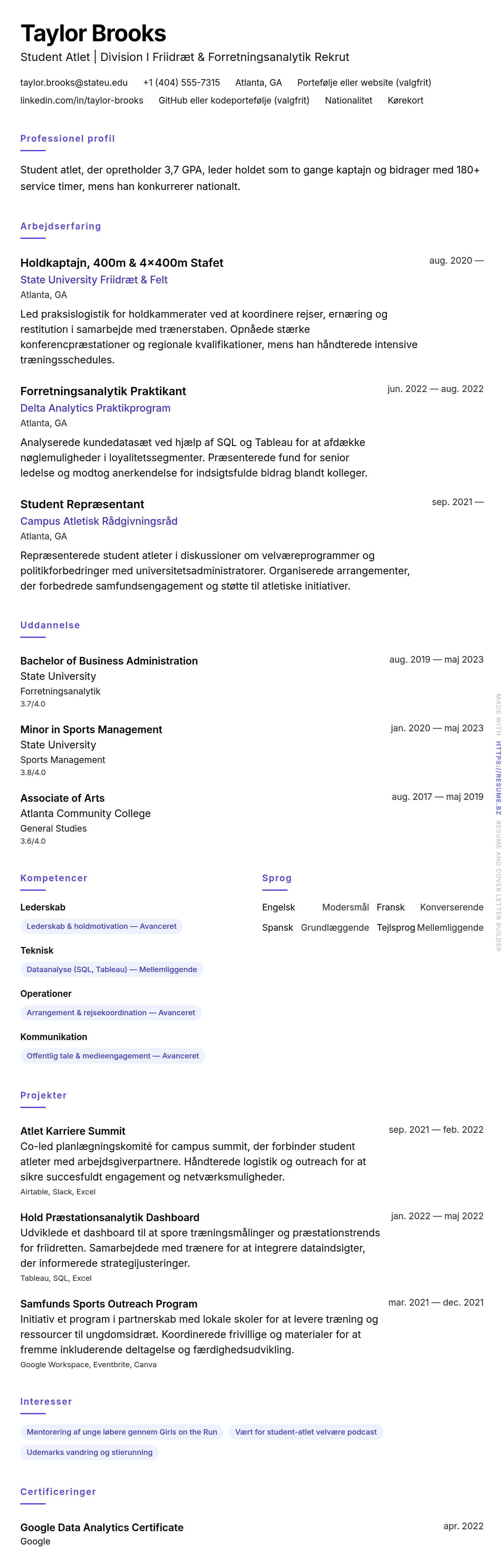 CV-forhåndsvisning for Student Atlet CV Eksempel