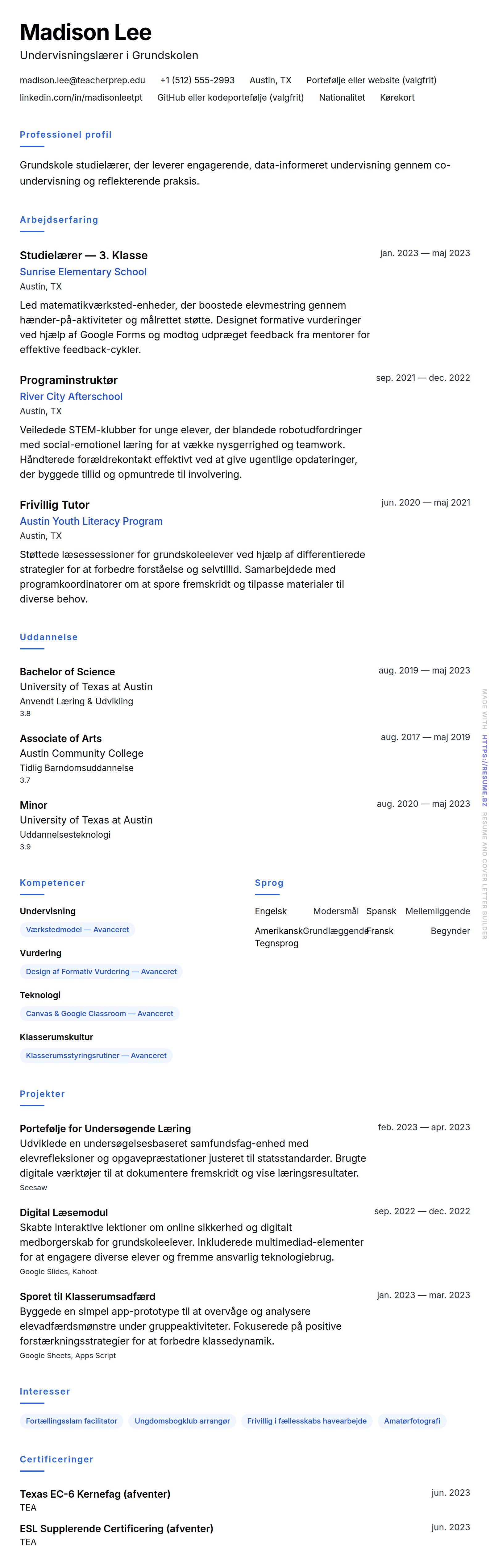 CV-forhåndsvisning for Studielærer CV Eksempel