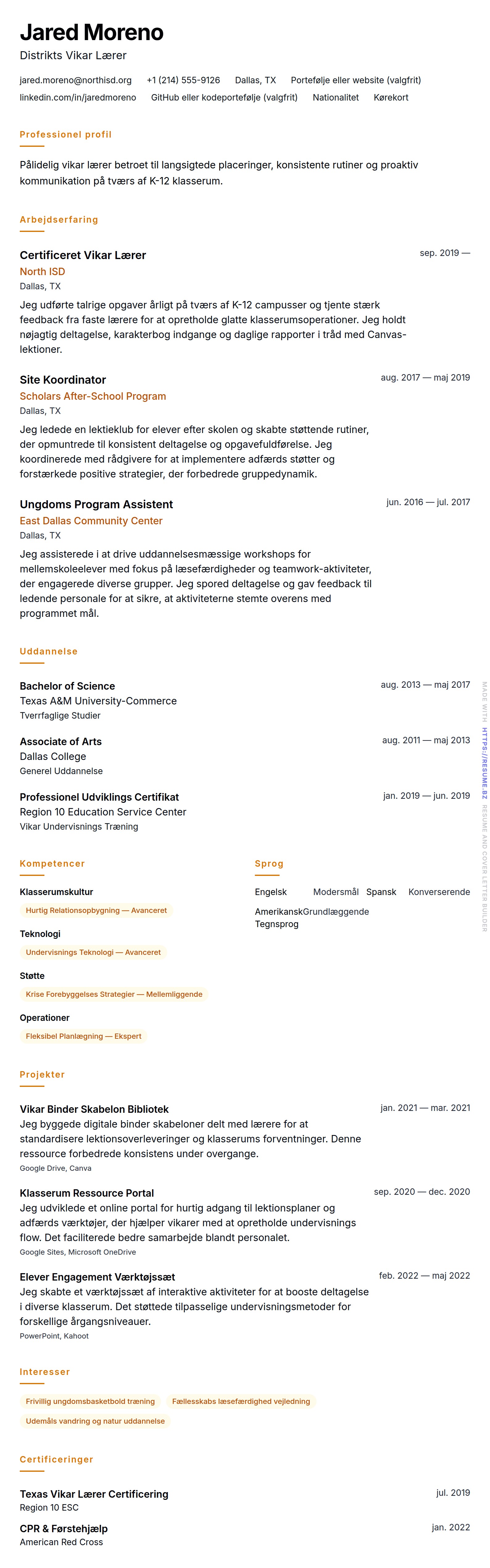 CV-forhåndsvisning for Vikar Lærer CV Eksempel
