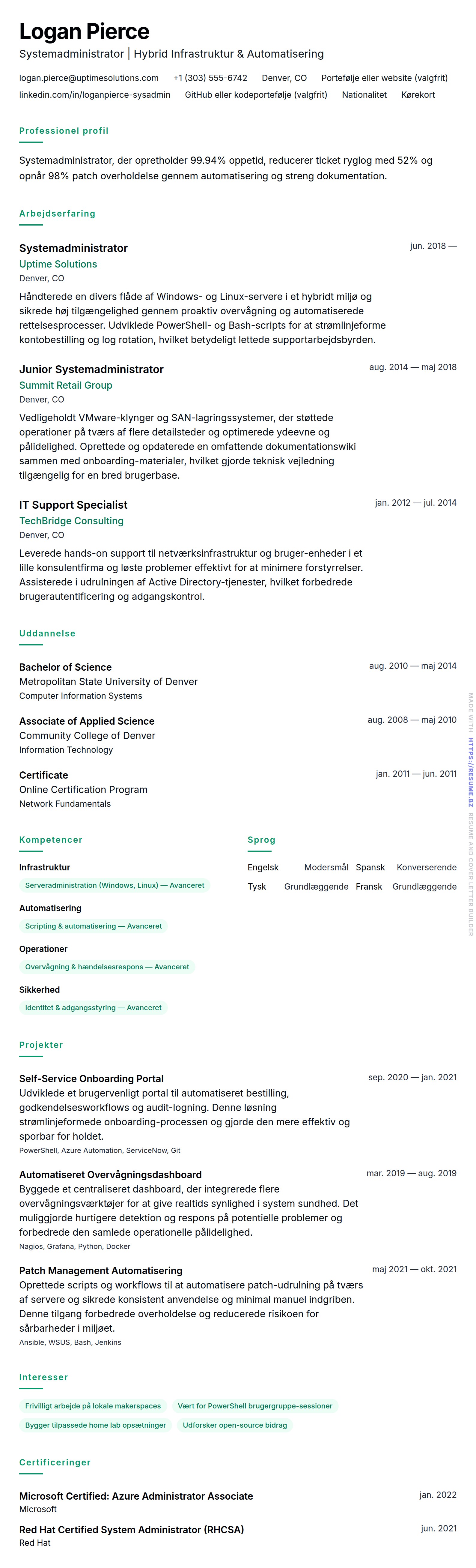 CV-forhåndsvisning for Systemadministrator CV Eksempel