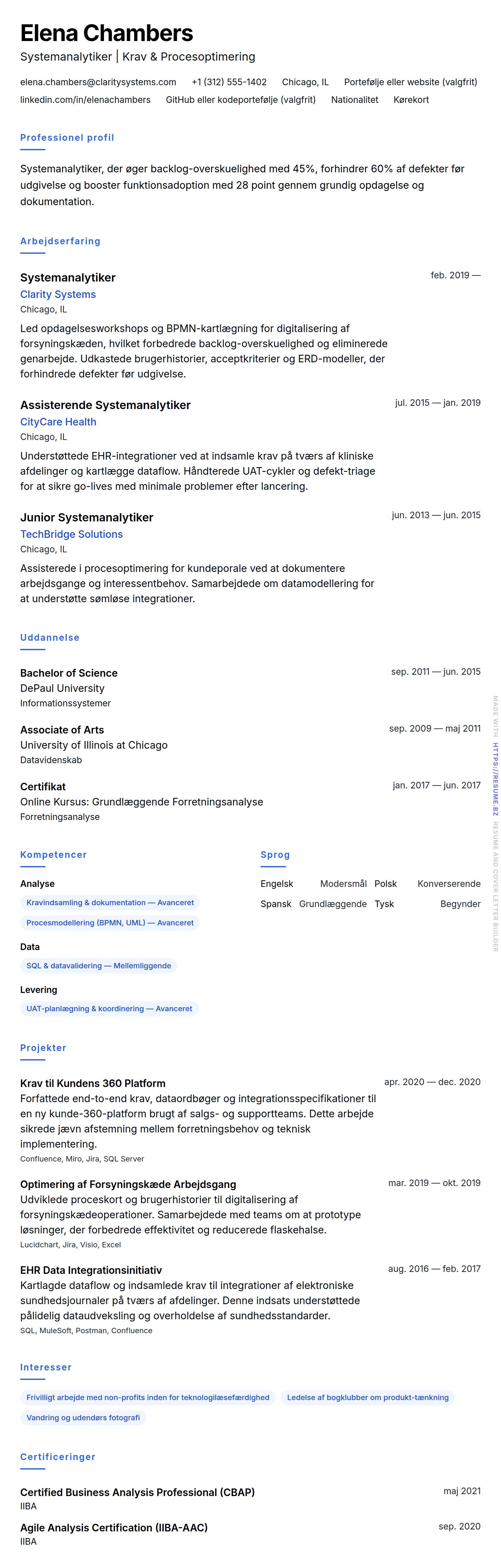 CV-forhåndsvisning for Systemanalytiker CV Eksempel