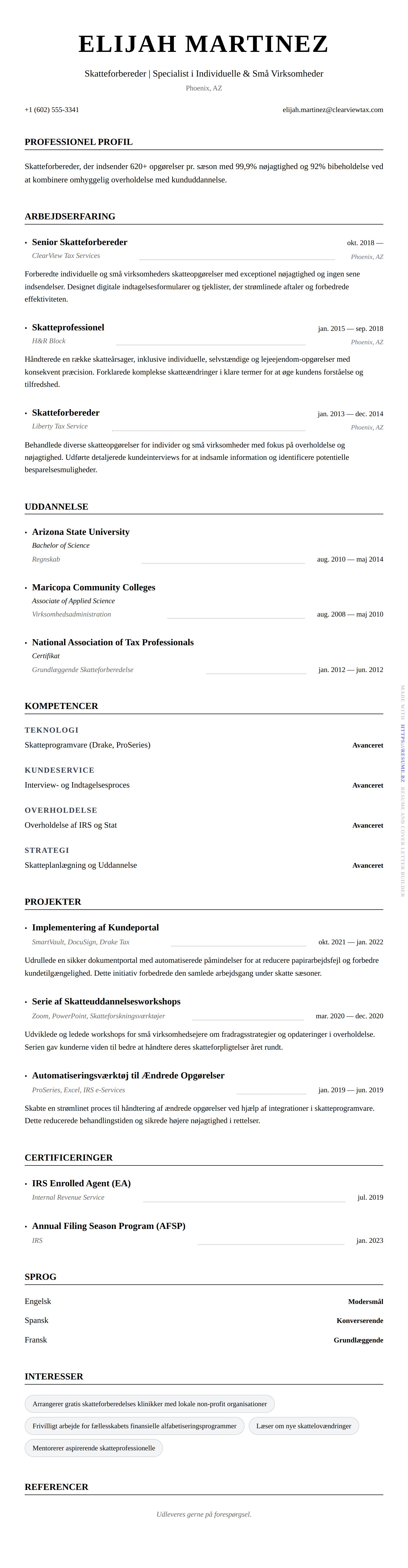 CV-forhåndsvisning for Eksempel på CV for Skatteforbereder