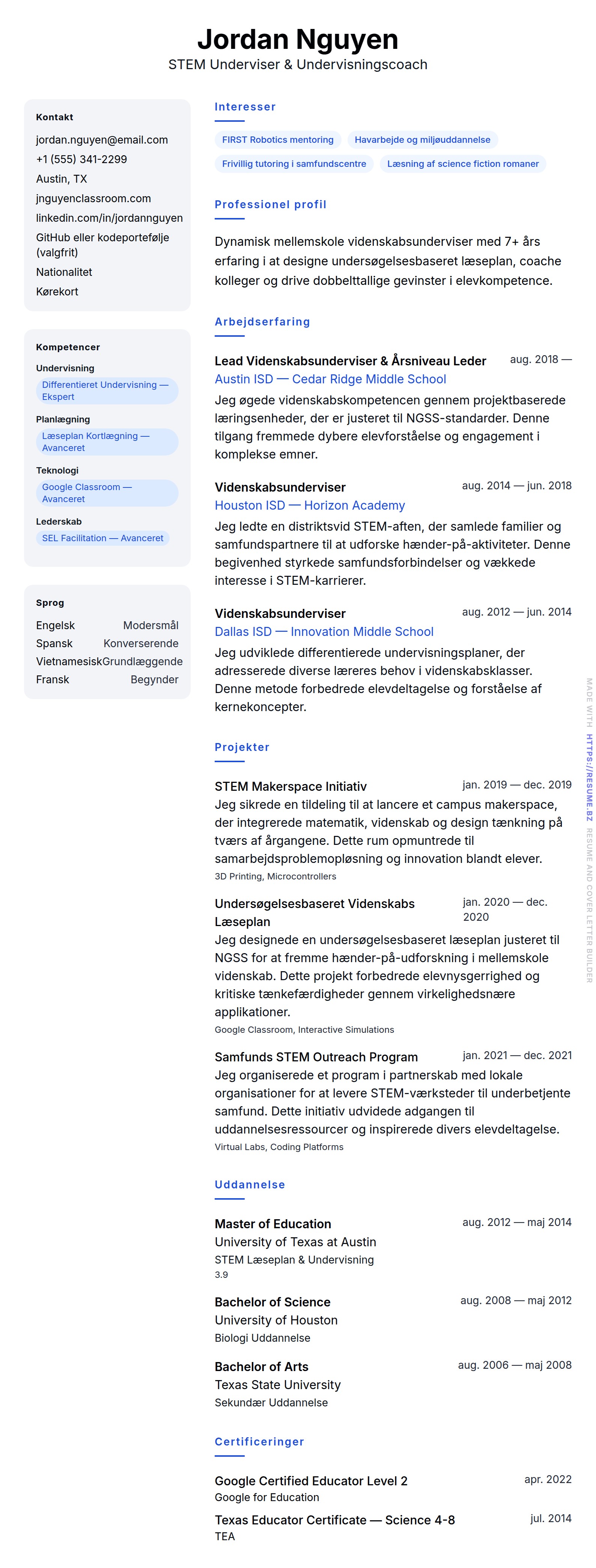 CV-forhåndsvisning for Lærer CV Eksempel