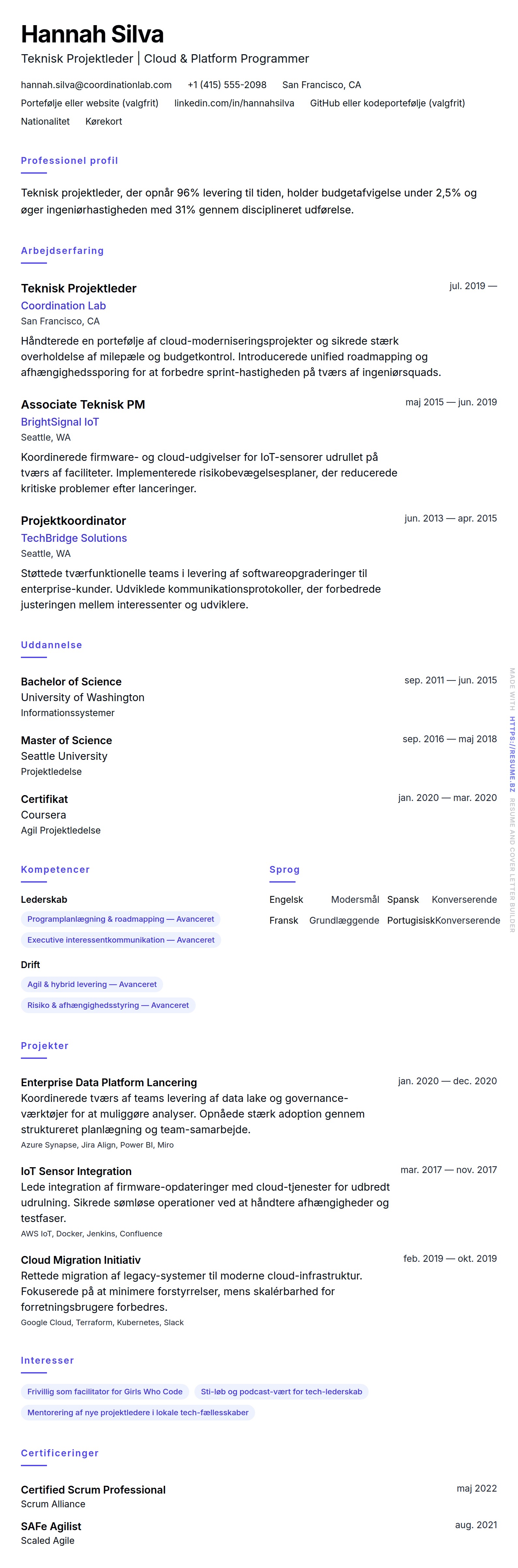 CV-forhåndsvisning for Eksempel på CV for Teknisk Projektleder