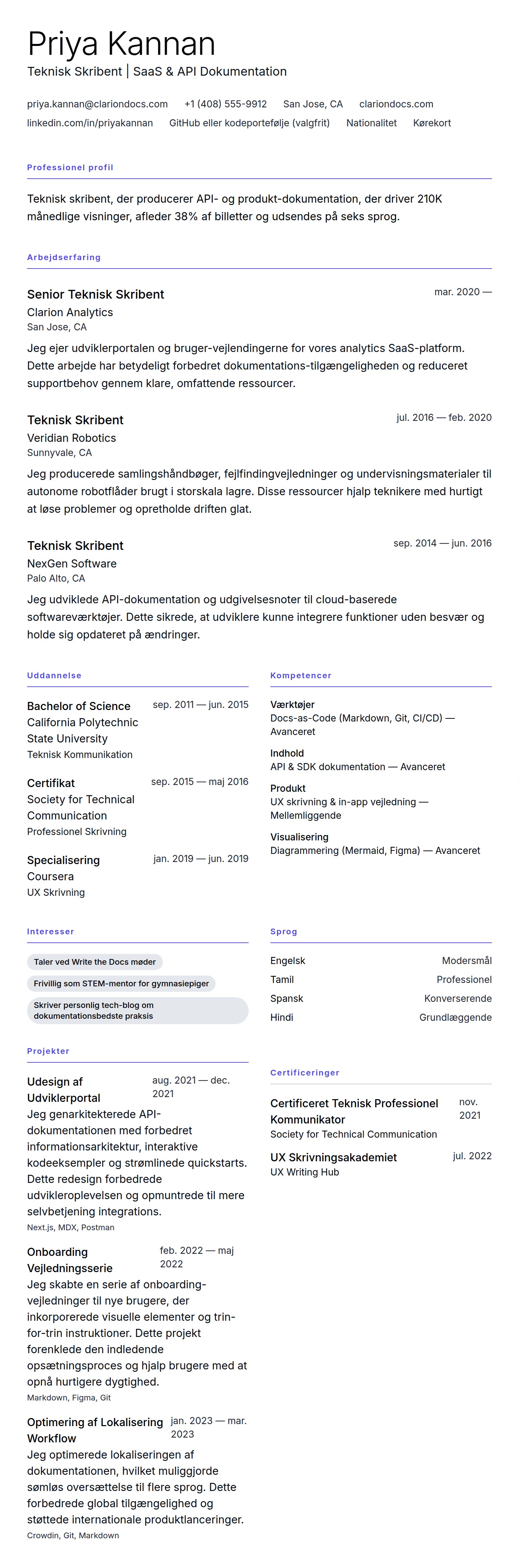 CV-forhåndsvisning for Teknisk Skribent CV Eksempel