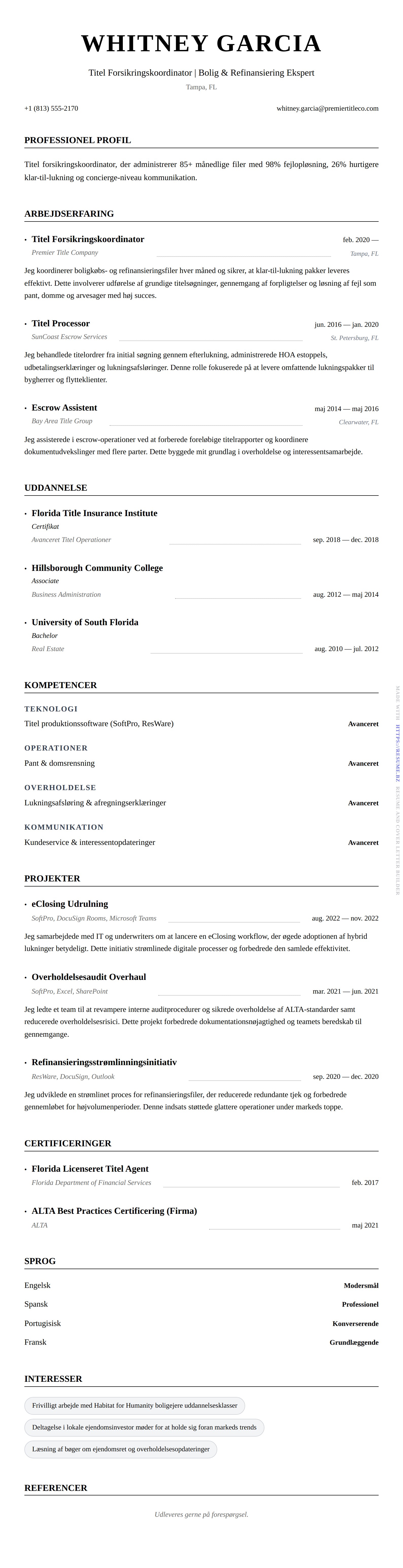 CV-forhåndsvisning for Titel Forsikringskoordinator CV Eksempel