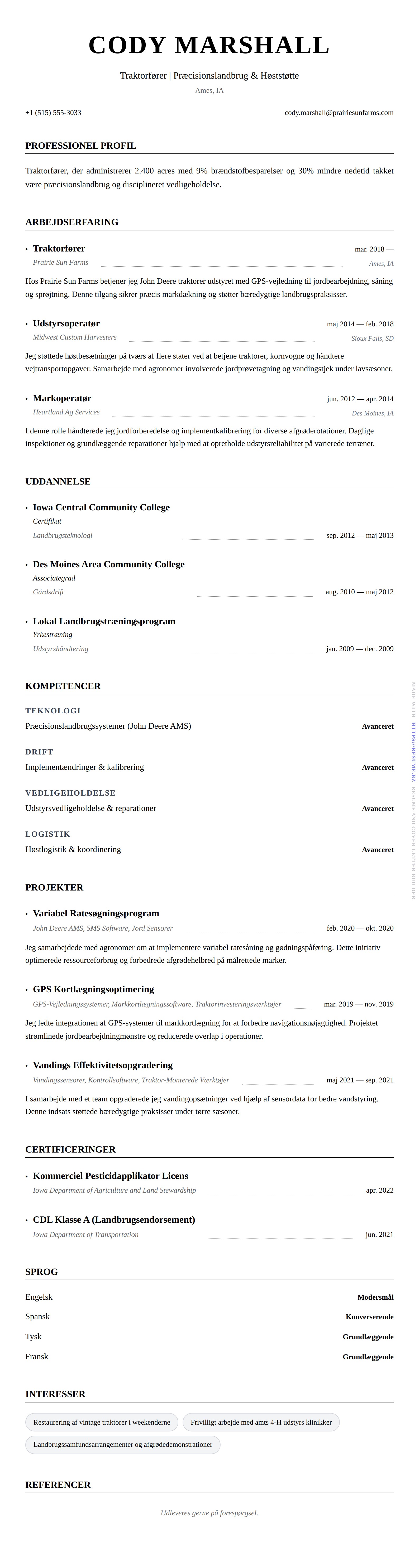 Traktorfører CV Eksempel