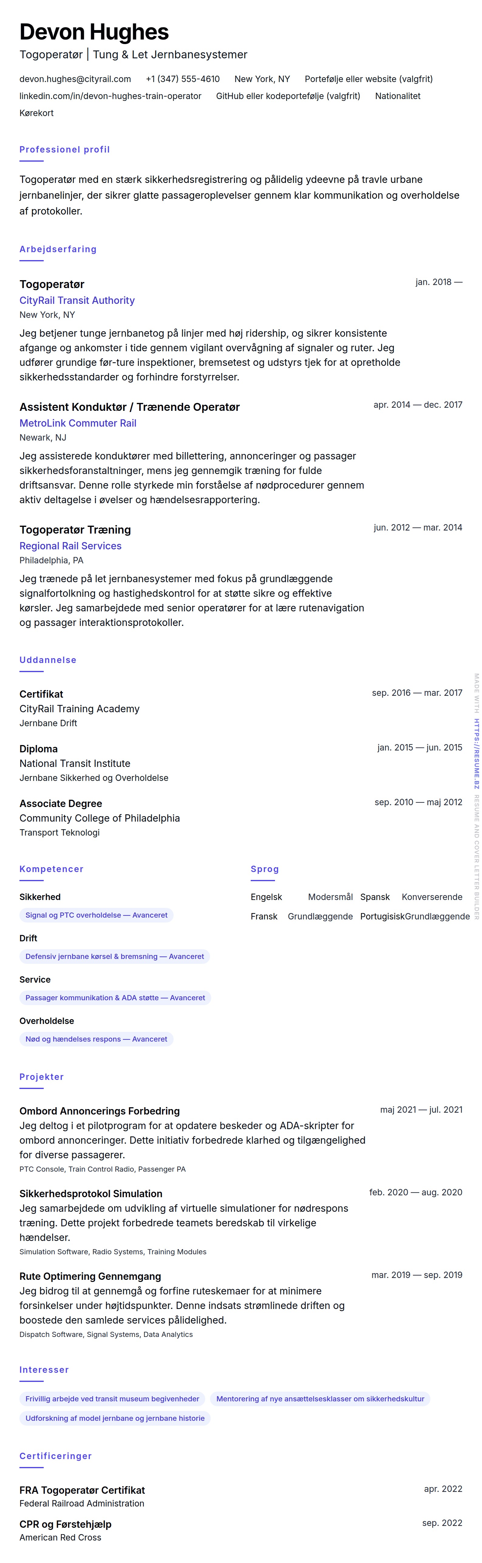 CV-forhåndsvisning for Togoperatør CV Eksempel