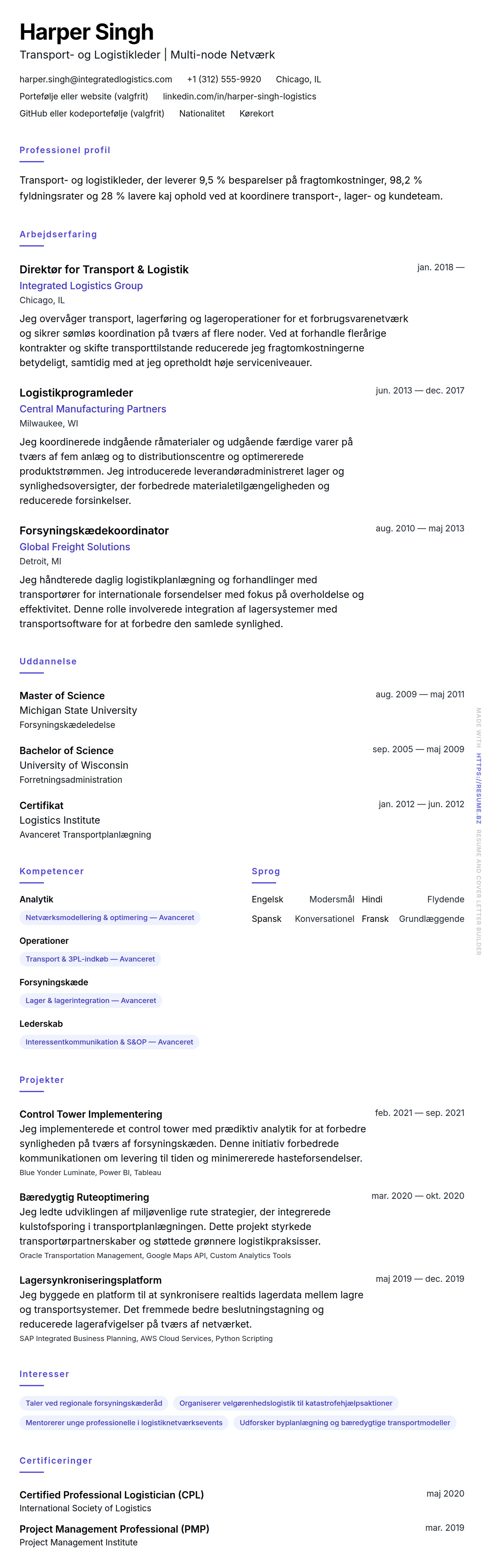 CV-forhåndsvisning for Transport- og Logistikprofessionel CV Eksempel