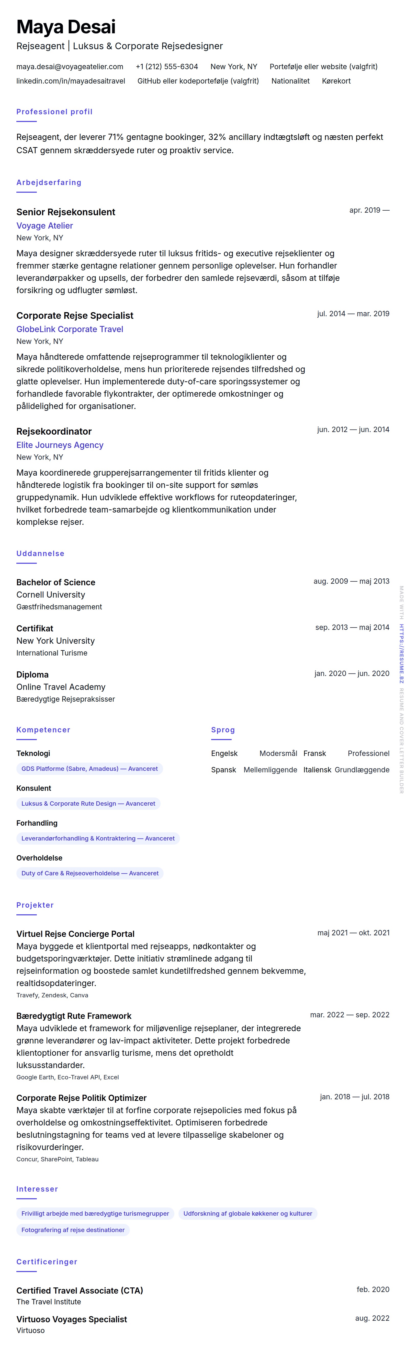 CV-forhåndsvisning for Rejseagent CV Eksempel
