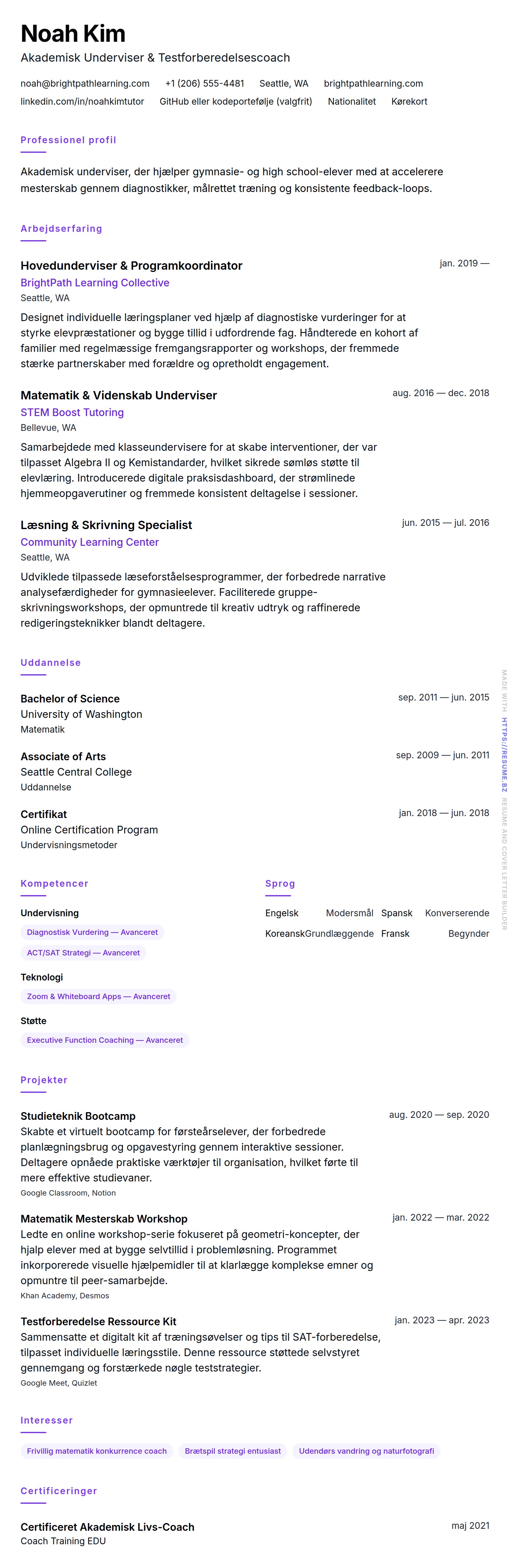 CV-forhåndsvisning for Underviser CV Eksempel
