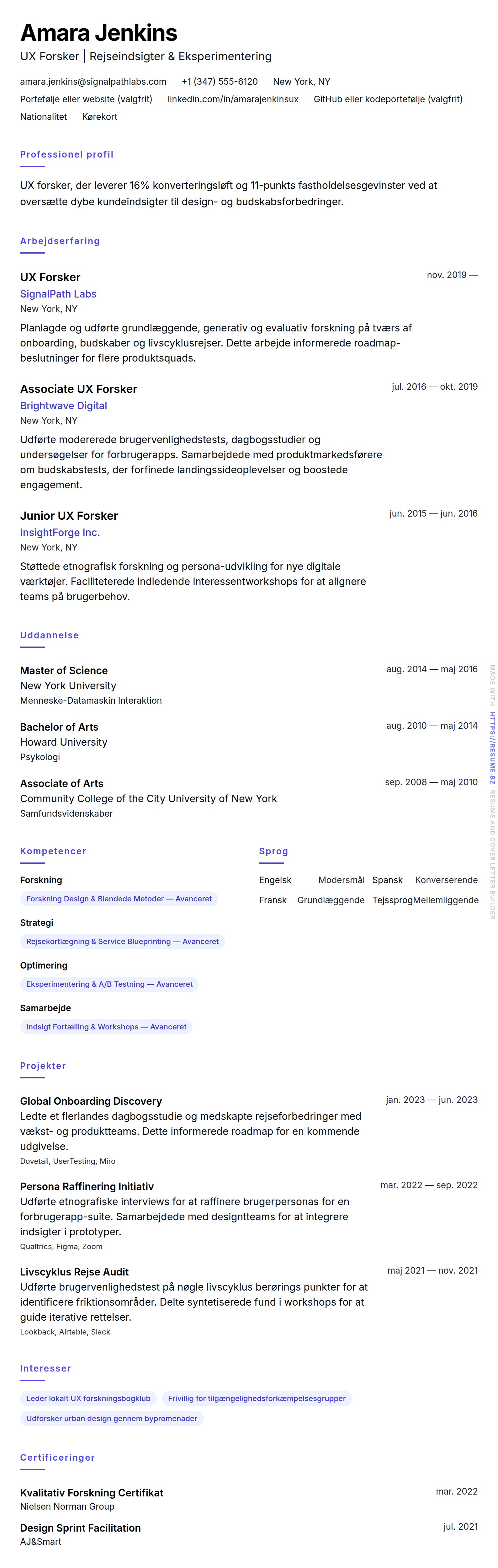 CV-forhåndsvisning for UX Forsker CV Eksempel