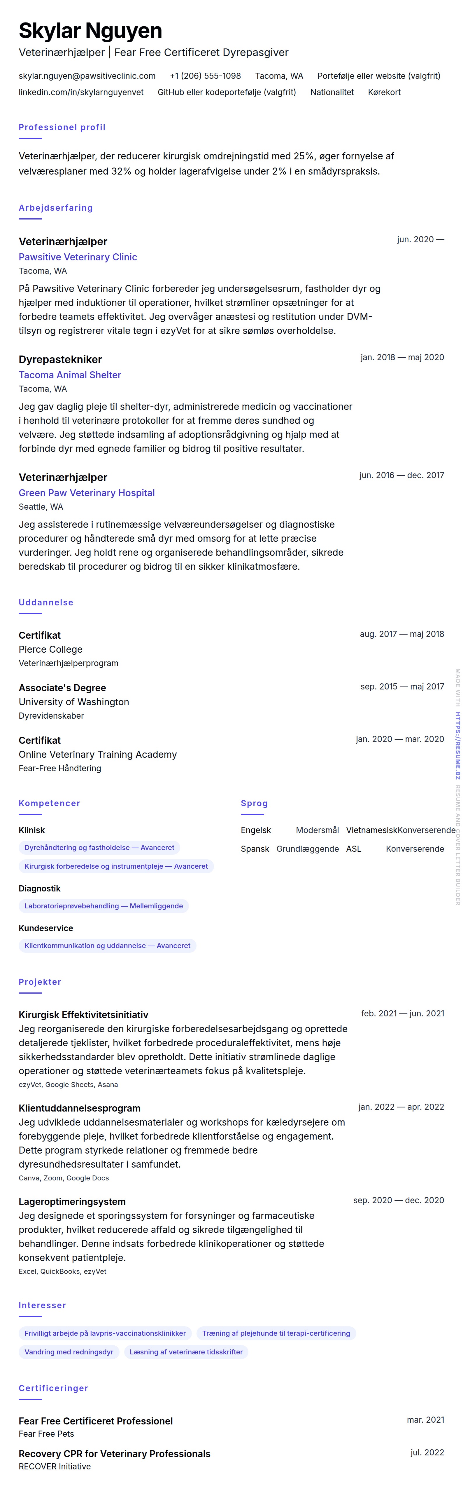 CV-forhåndsvisning for Eksempel på CV for veterinærhjælper