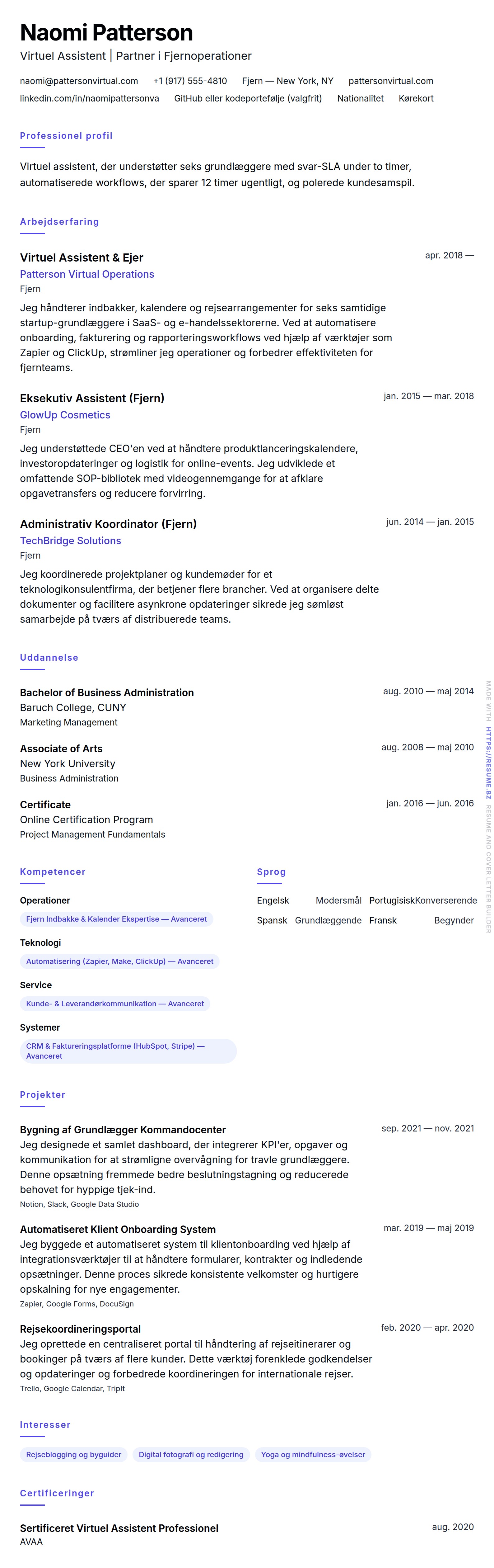 CV-forhåndsvisning for Eksempel på CV for Virtuel Assistent