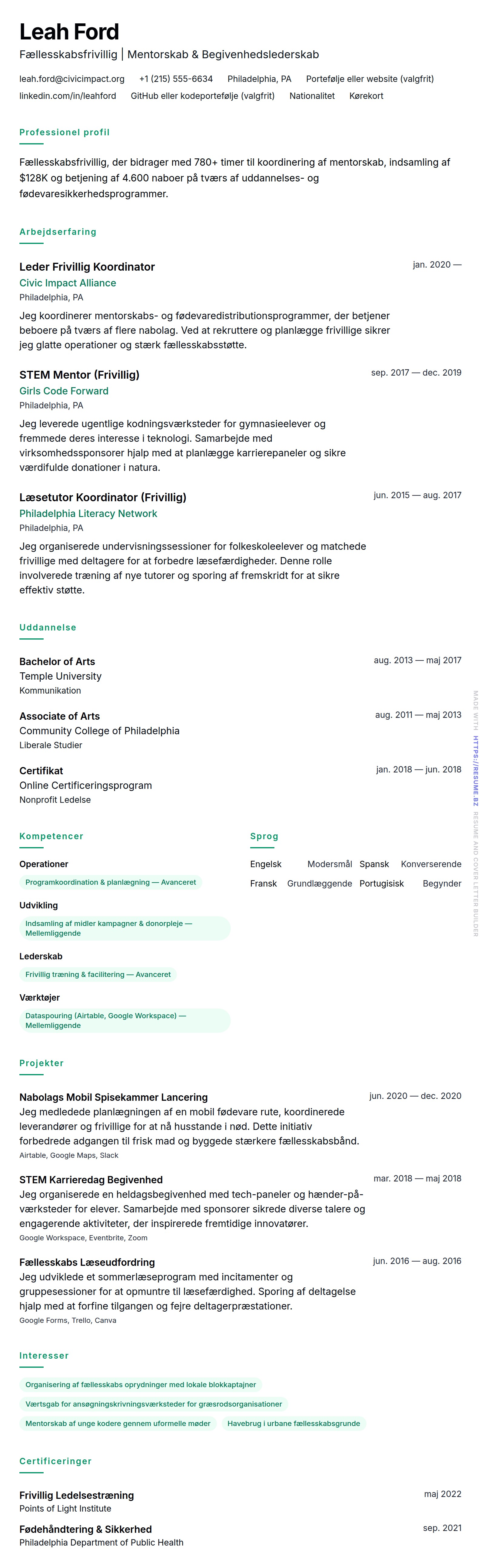 CV-forhåndsvisning for Frivillig CV Eksempel