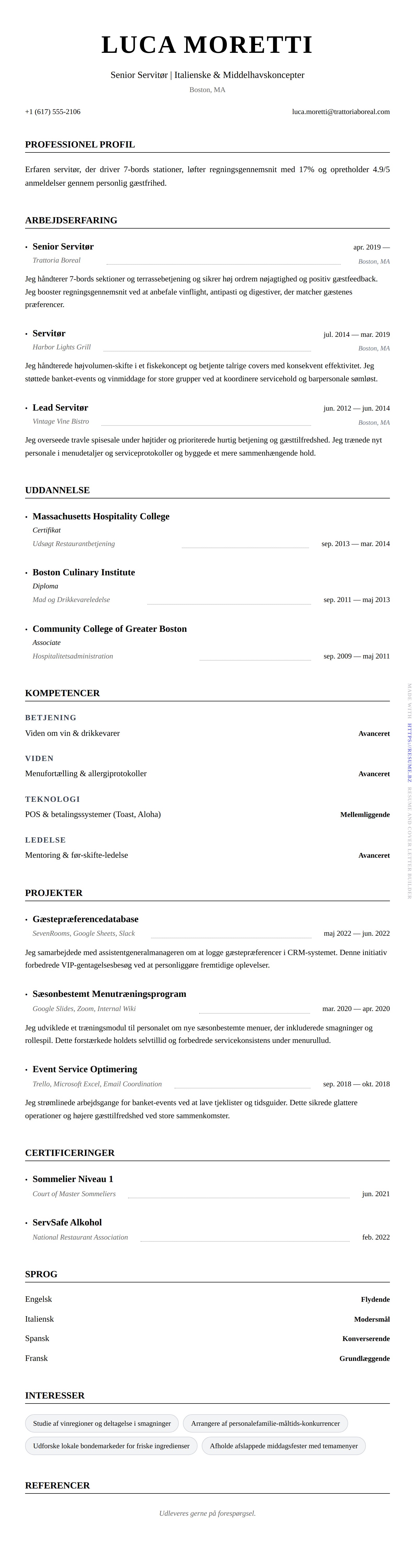 CV-forhåndsvisning for Servitør CV Eksempel