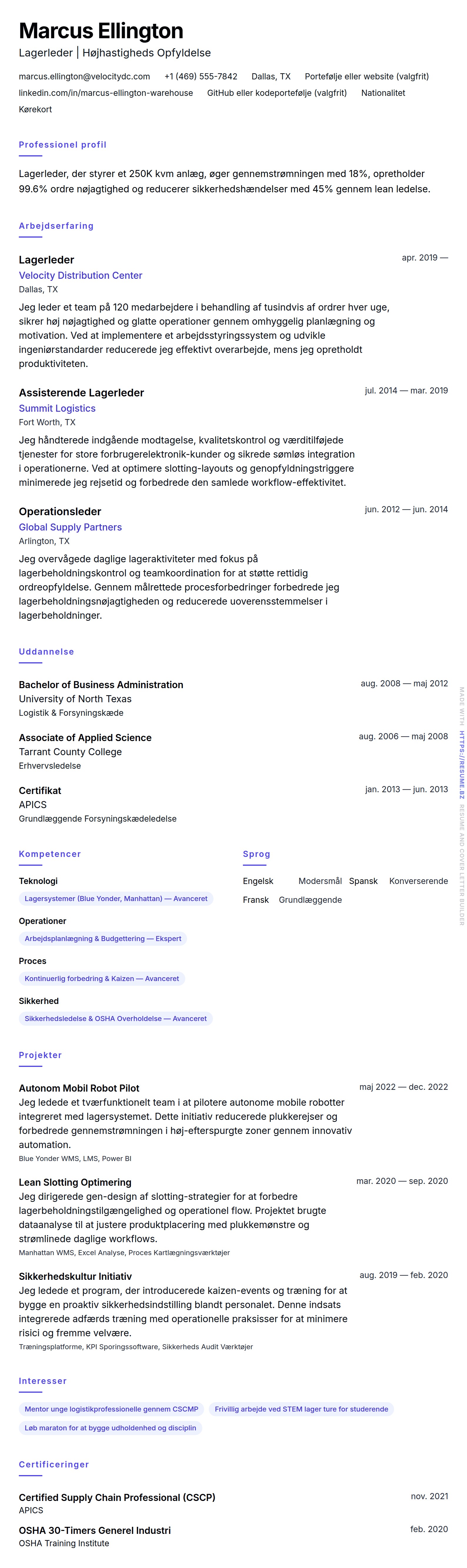 CV-forhåndsvisning for Lagerleder CV Eksempel