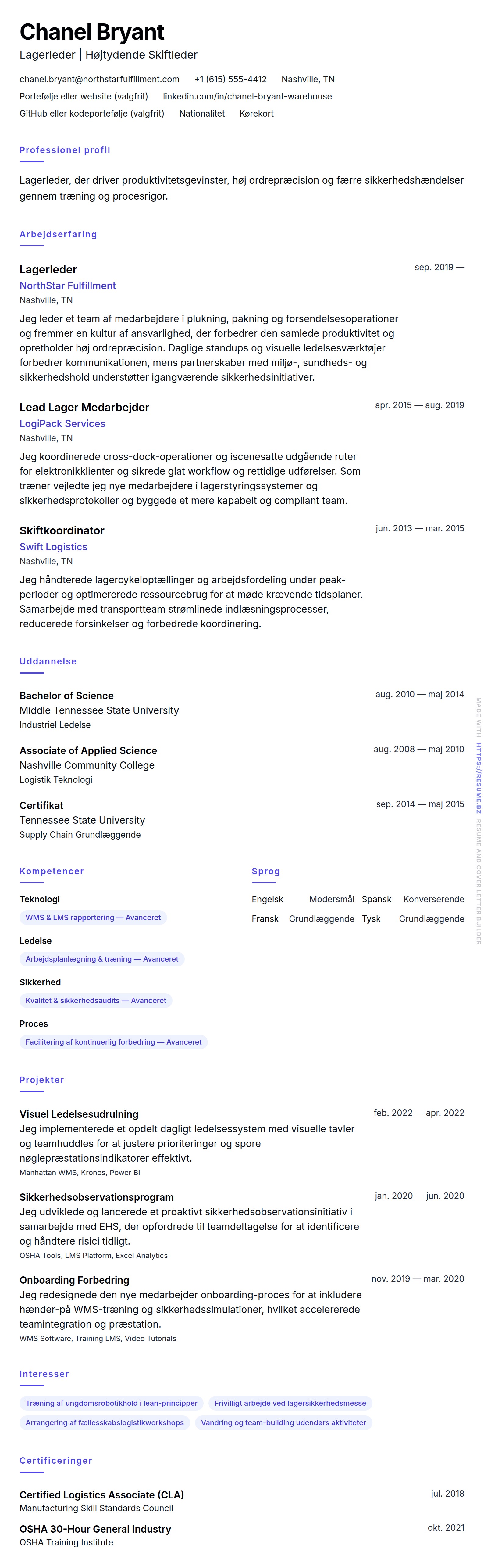 CV-forhåndsvisning for Lagerleder CV-eksempel