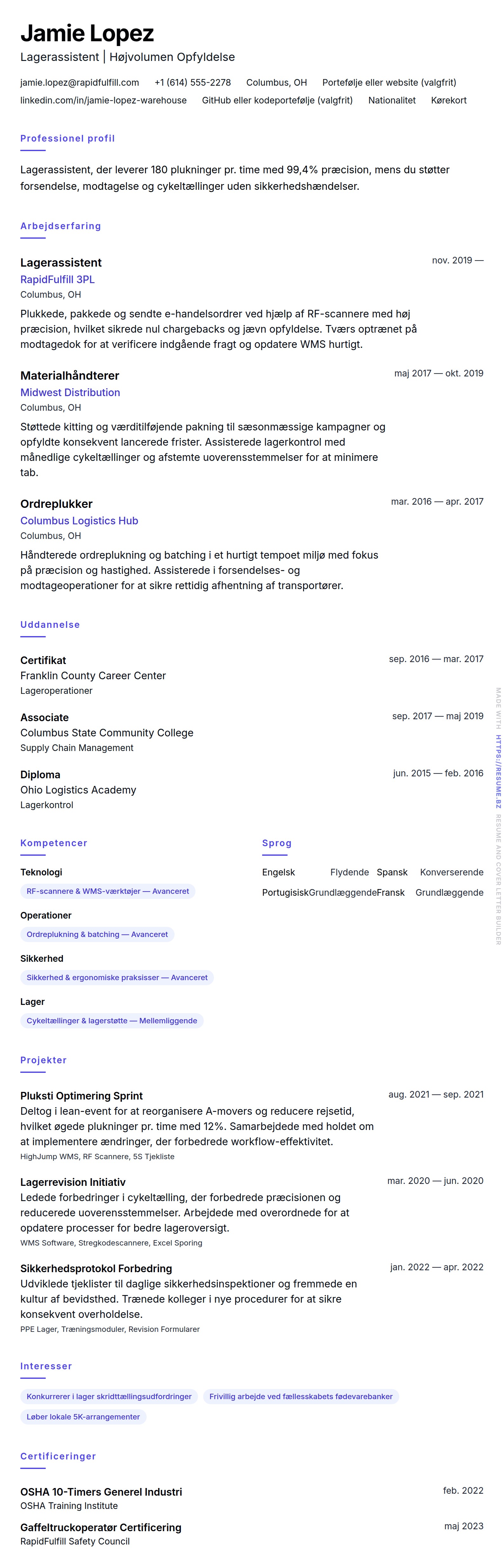 CV-forhåndsvisning for Eksempel på CV for Lagerarbejder