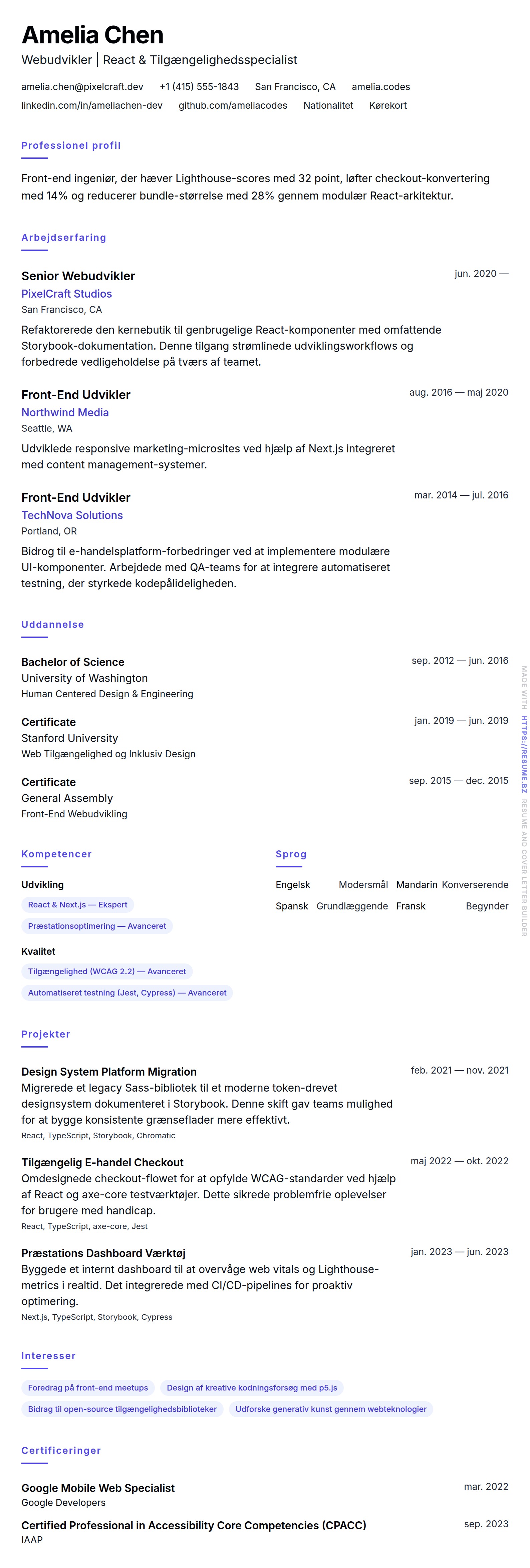 CV-forhåndsvisning for Webudvikler CV Eksempel