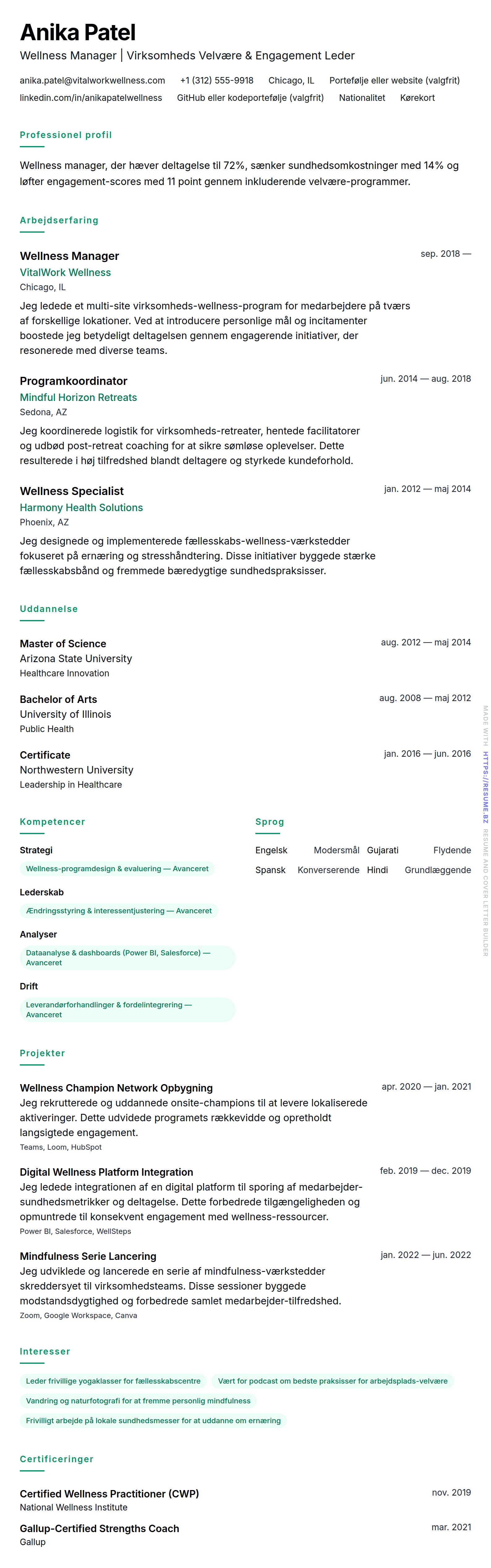 CV-forhåndsvisning for Wellness Manager CV Eksempel