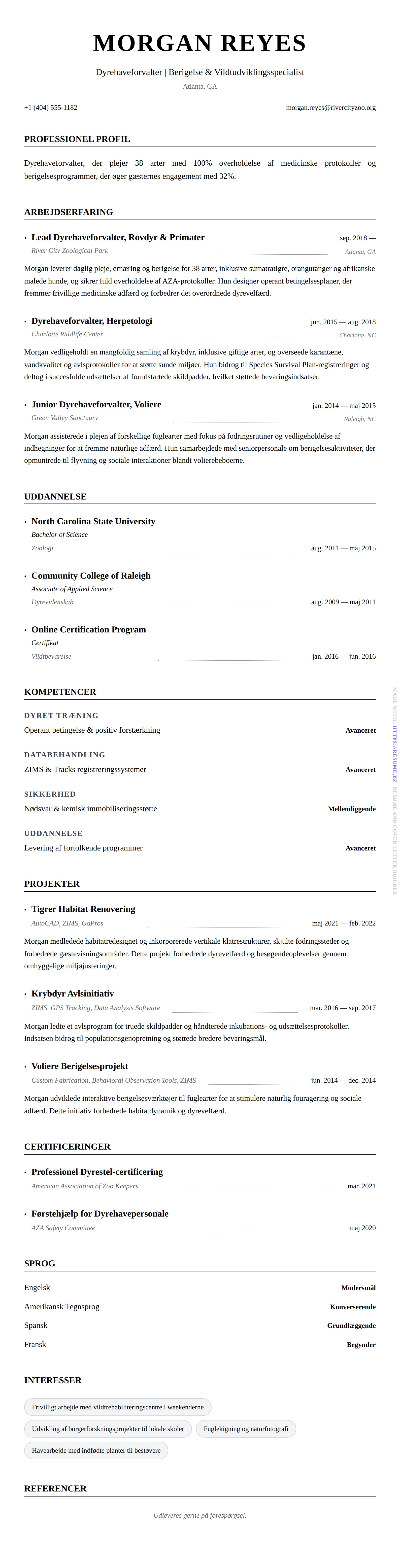 CV-forhåndsvisning for Dyrehaveforvalter CV-eksempel