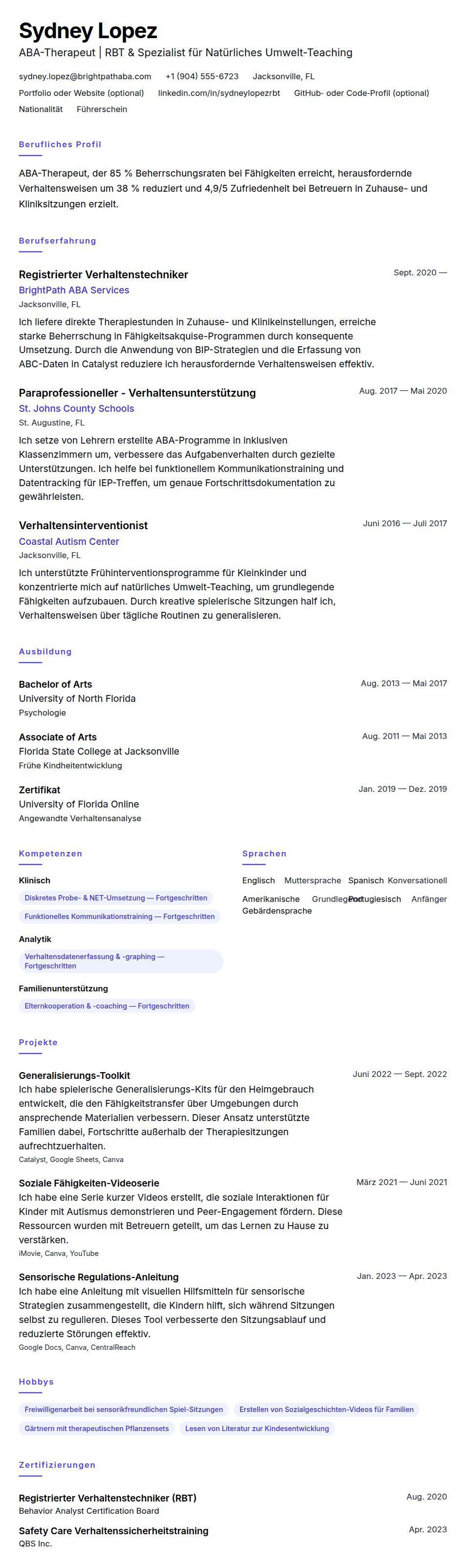 Lebenslaufvorschau für Lebenslaufbeispiel für ABA-Therapeuten