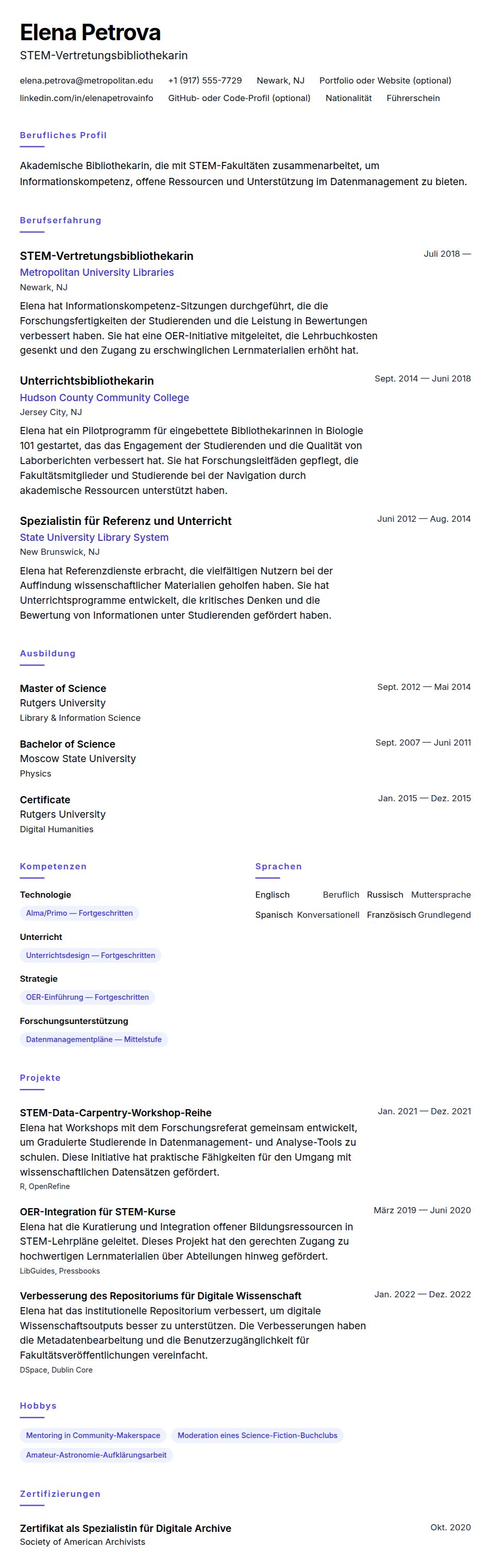 Lebenslaufvorschau für Beispiel-Lebenslauf für Akademischen Bibliothekar