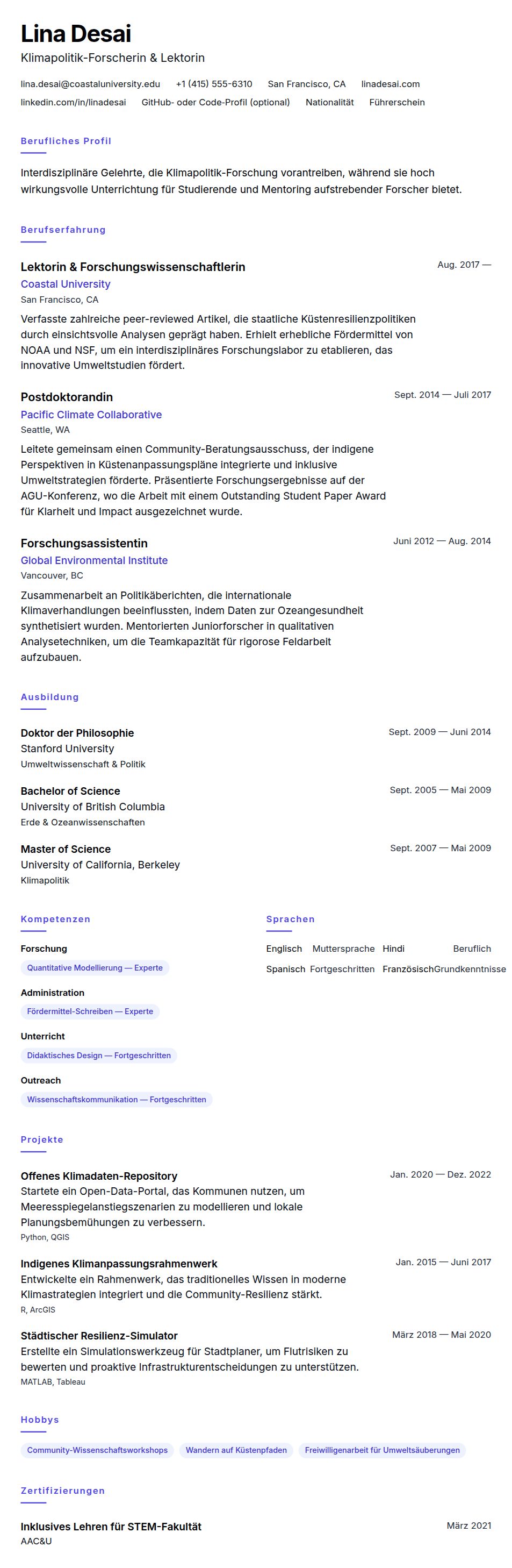 Lebenslaufvorschau für Akademisches Lebenslauf-Beispiel