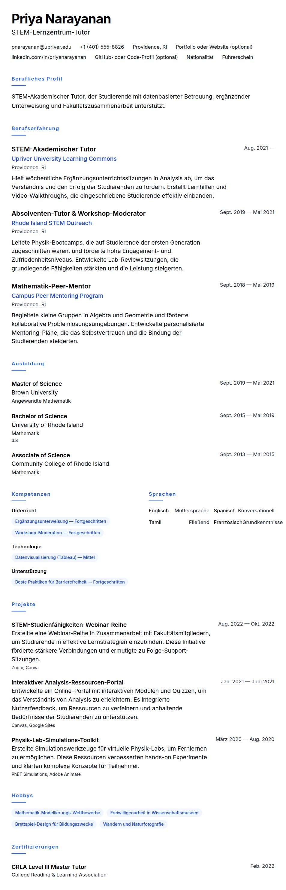 Lebenslaufvorschau für Akademischer Tutor Lebenslauf-Beispiel