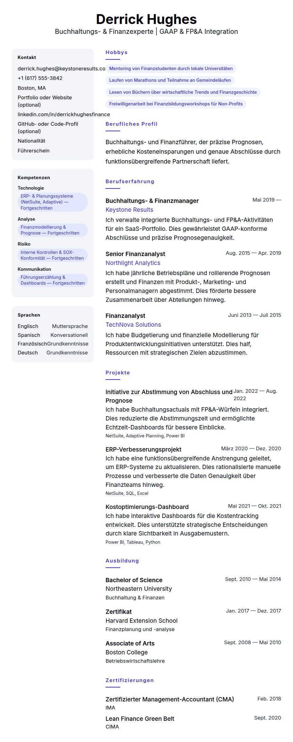 Beispiel-Lebenslauf für Buchhaltungs- und Finanzexperten