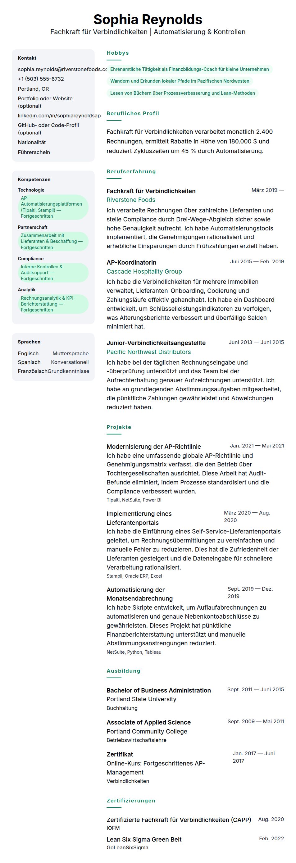 Lebenslaufvorschau für Beispiel-Lebenslauf für Fachkraft für Verbindlichkeiten