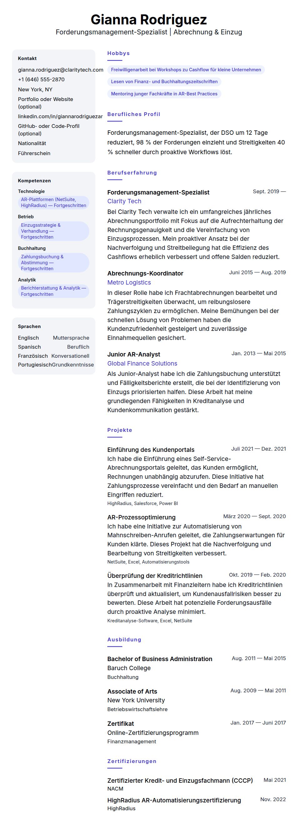 Lebenslaufbeispiel für Forderungsmanagement-Spezialist