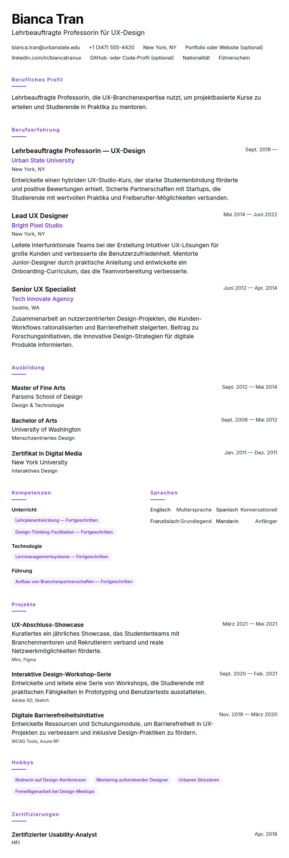 Lebenslaufvorschau für Lehrbeauftragter Professor Lebenslauf-Beispiel