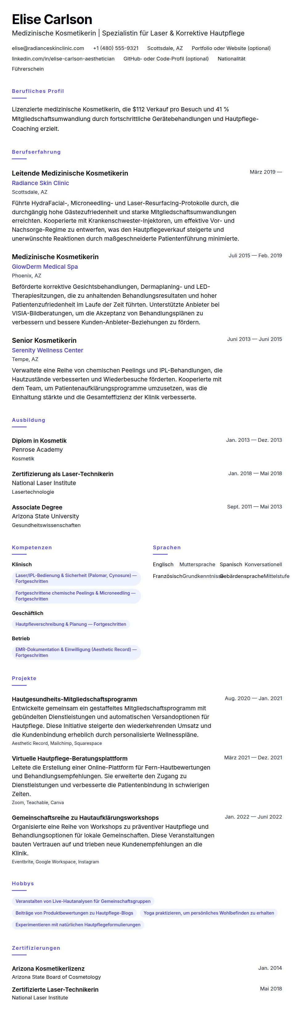 Lebenslaufbeispiel für eine Medizinische Kosmetikerin