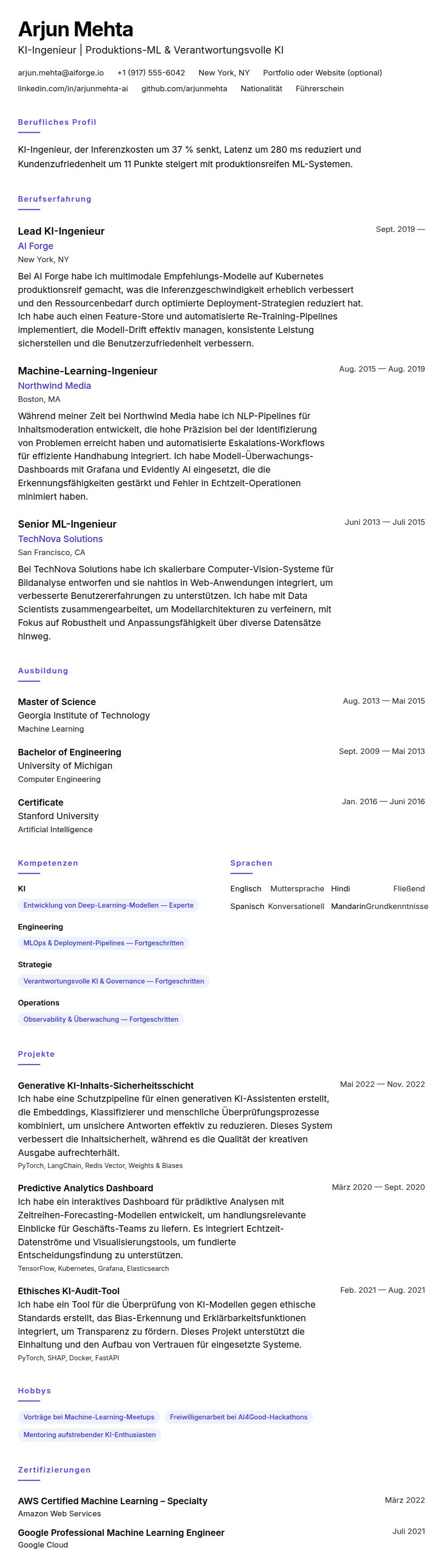 Lebenslaufvorschau für KI-Ingenieur Lebenslauf-Beispiel