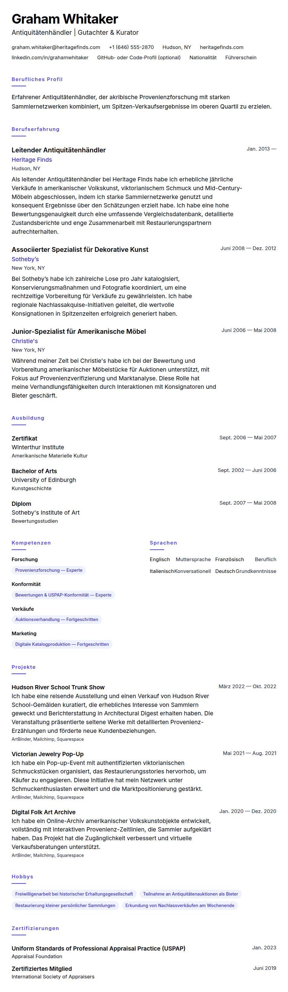 Lebenslaufvorschau für Lebenslaufbeispiel für Antiquitätenhändler