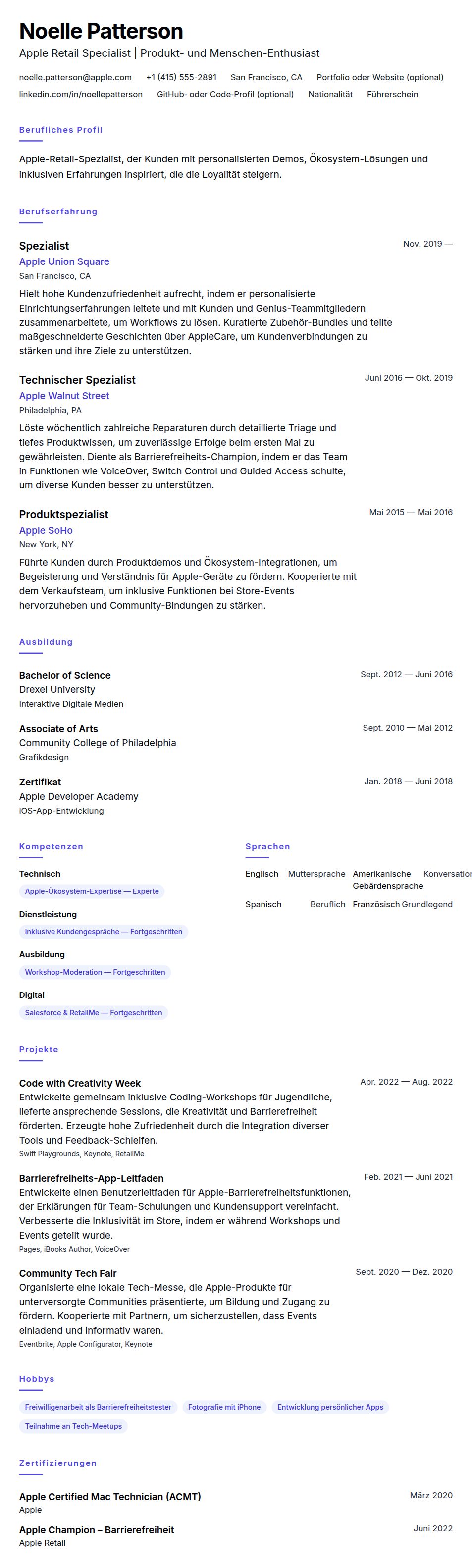 Apple Retail Specialist Lebenslaufbeispiel