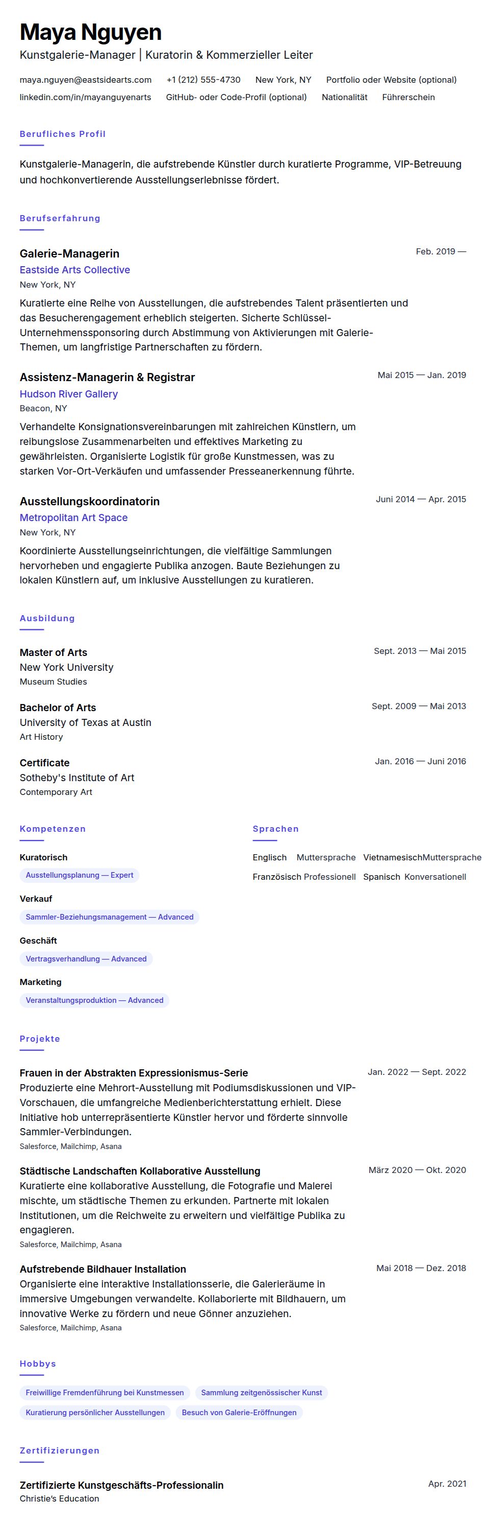 Lebenslaufvorschau für Kunstgalerie-Manager Lebenslauf-Beispiel