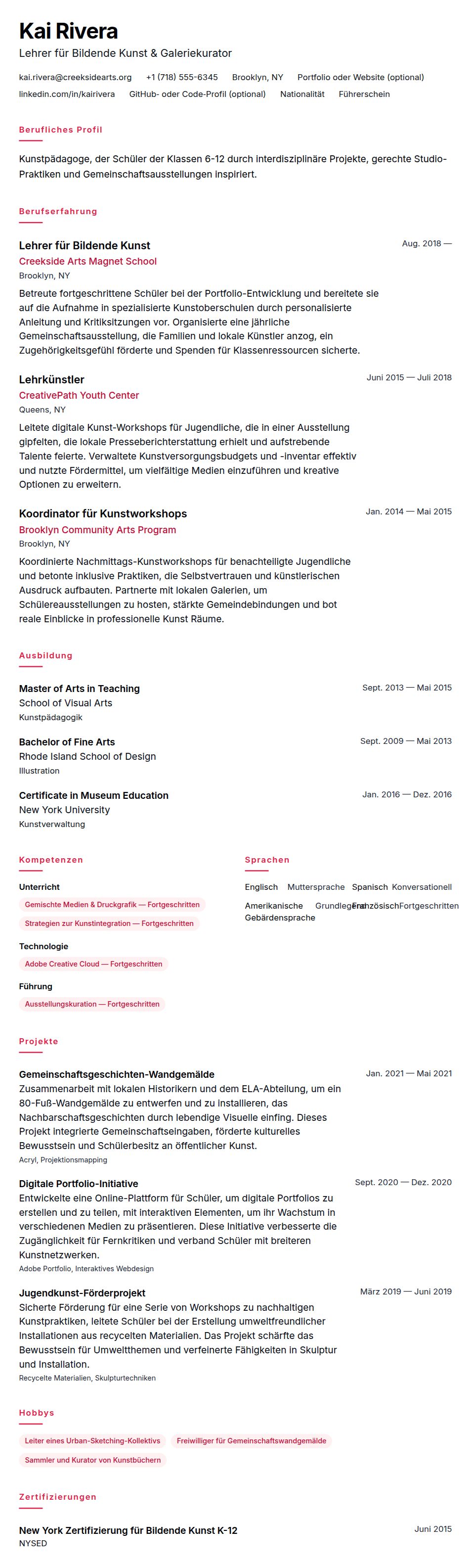Lebenslaufvorschau für Lebenslaufbeispiel für Kunstlehrer