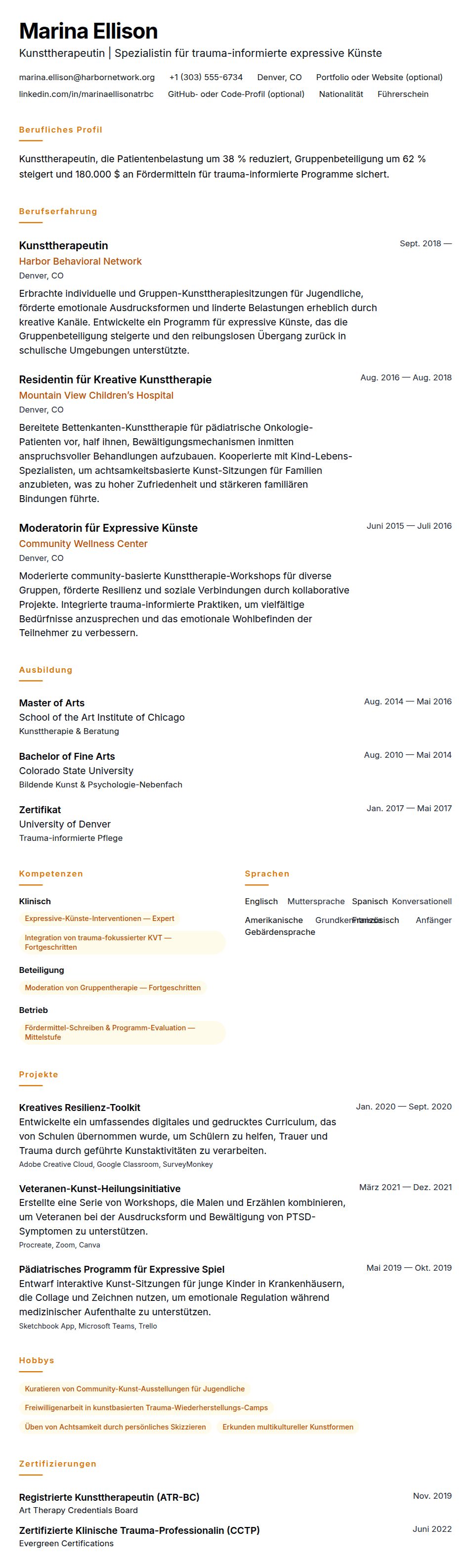 Lebenslaufvorschau für Lebenslauf-Beispiel für Kunsttherapeuten