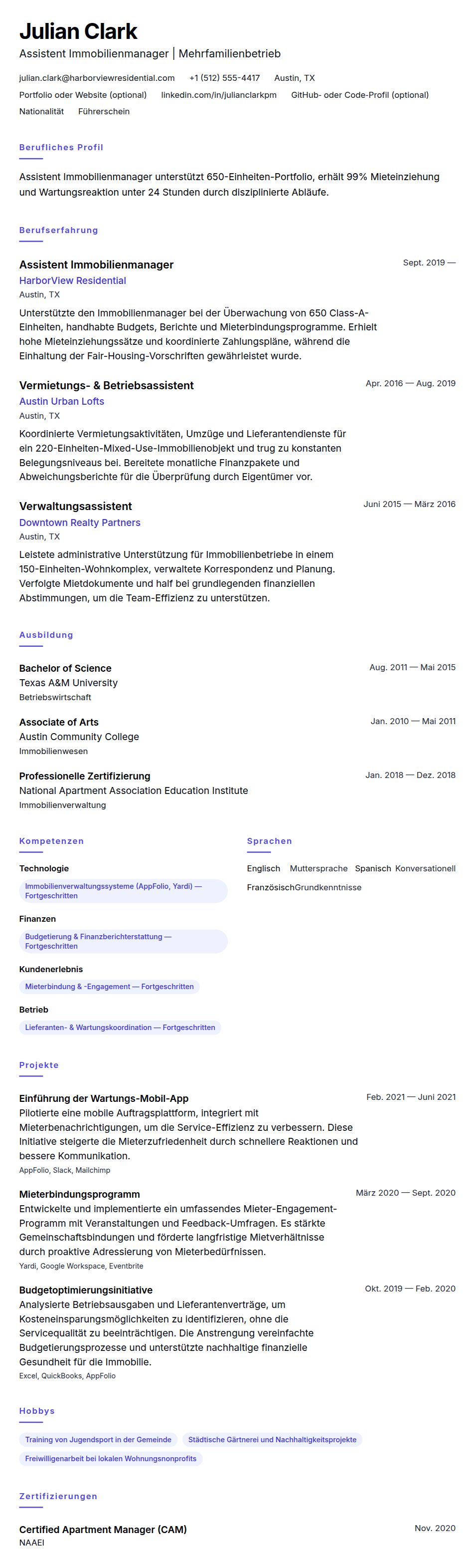 Lebenslaufbeispiel für Assistenten Immobilienmanager