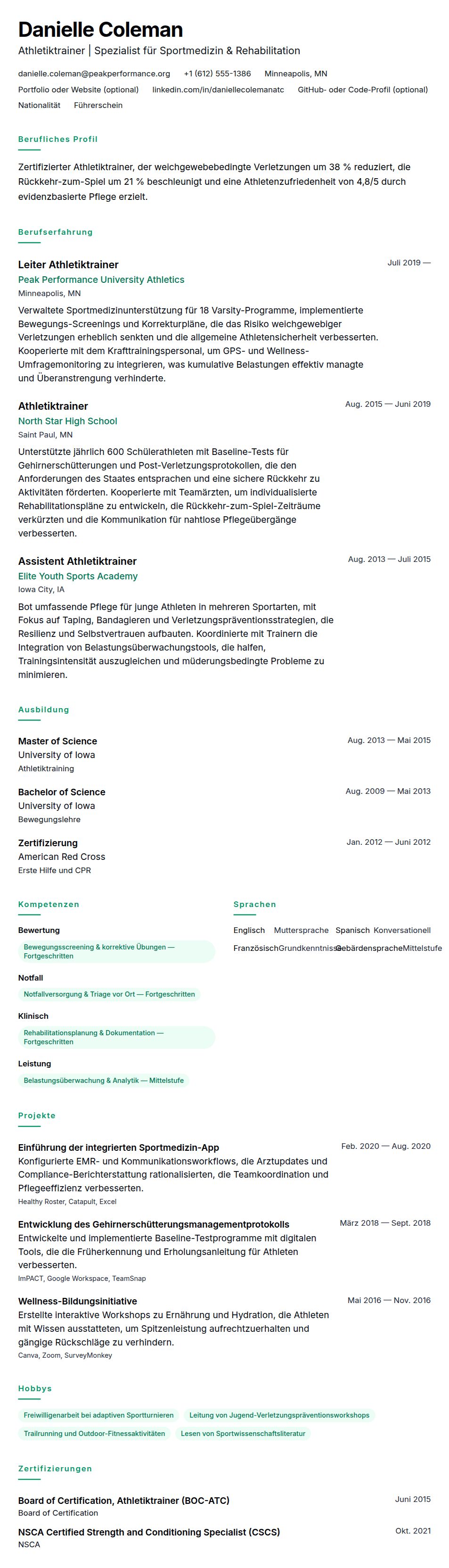 Lebenslaufvorschau für Athletiktrainer Lebenslauf-Beispiel