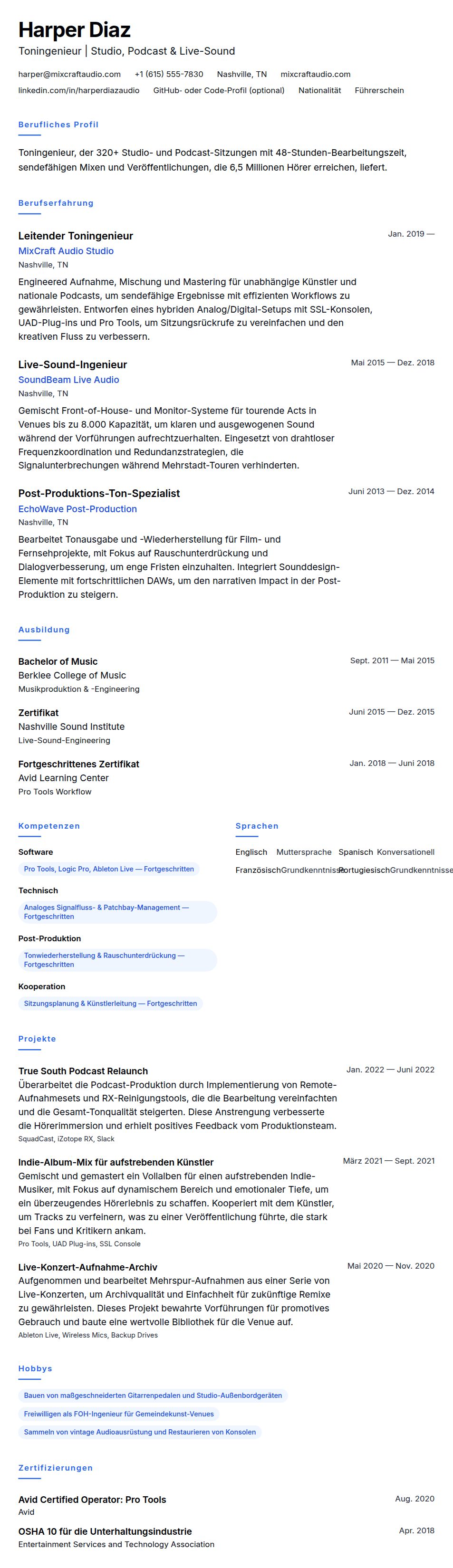 Lebenslaufvorschau für Toningenieur Lebenslauf Beispiel