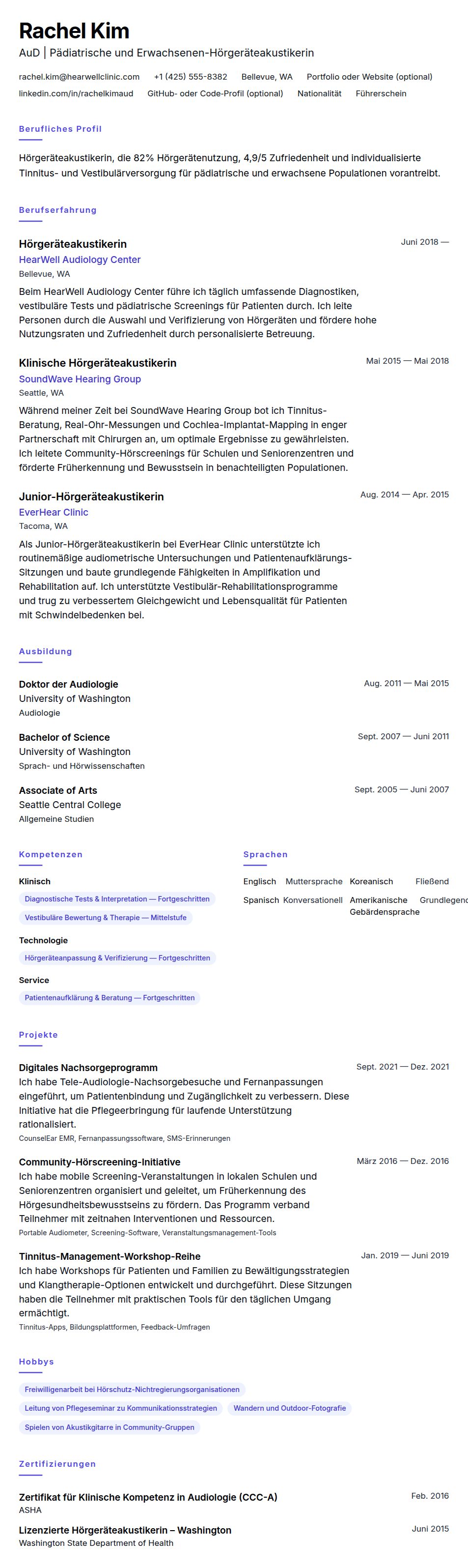 Lebenslaufvorschau für Lebenslauf-Beispiel für Hörgeräteakustikerin