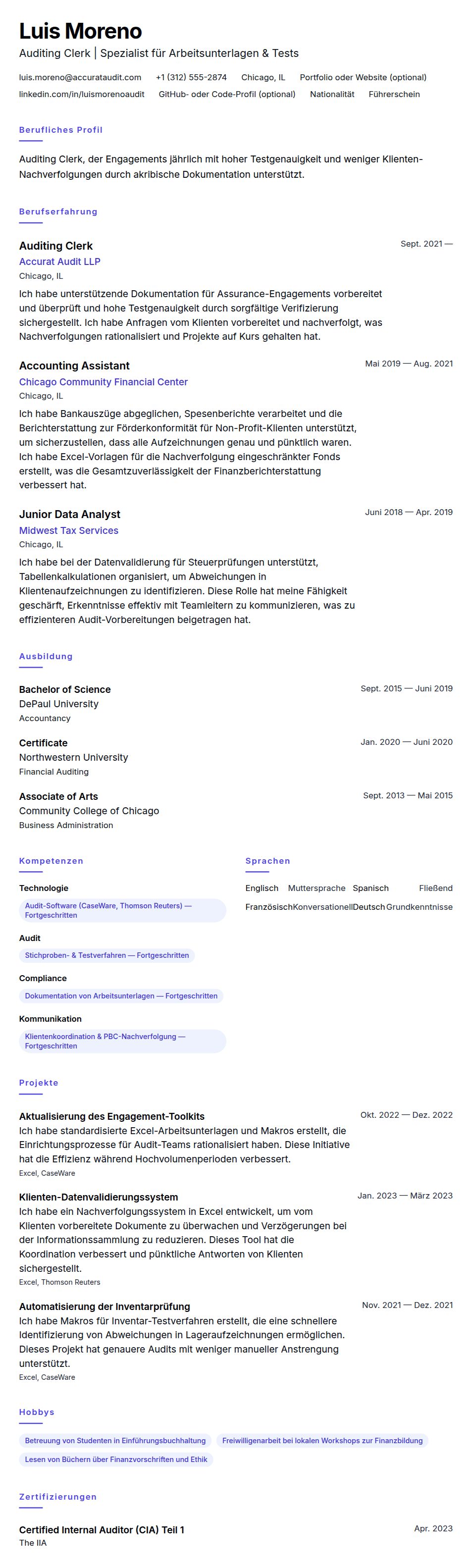 Lebenslaufvorschau für Auditing Clerk Lebenslauf-Beispiel