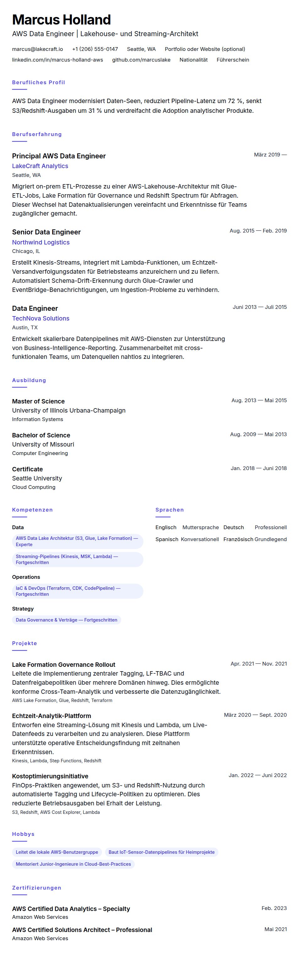 Lebenslaufvorschau für AWS Data Engineer Lebenslauf-Beispiel